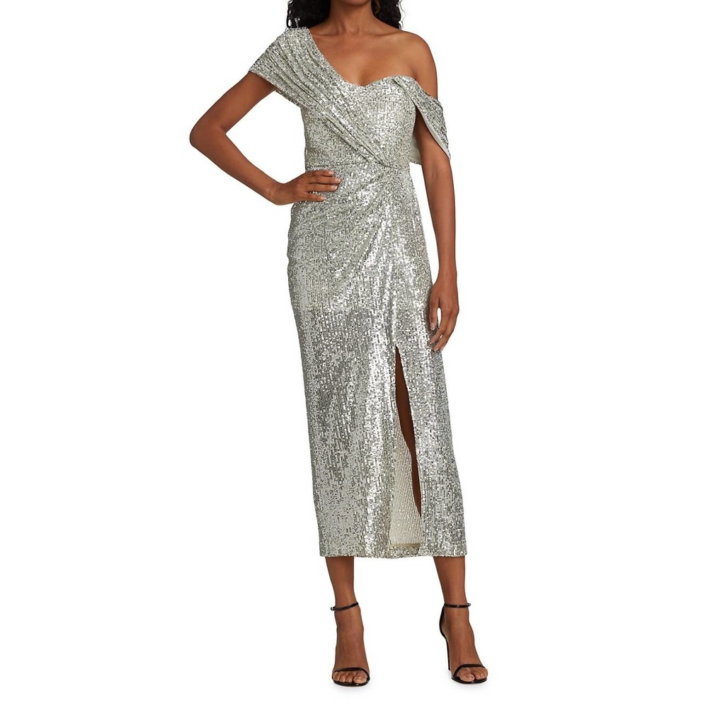 Badgley Mischka Draped Sleeve Silver Sequined Slit Midi Formal Gown Size 8